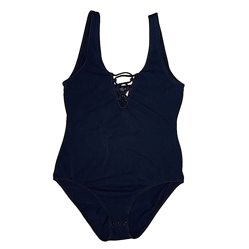 Divided Stretchy Black Bodysuit with Lace-Up Neckline